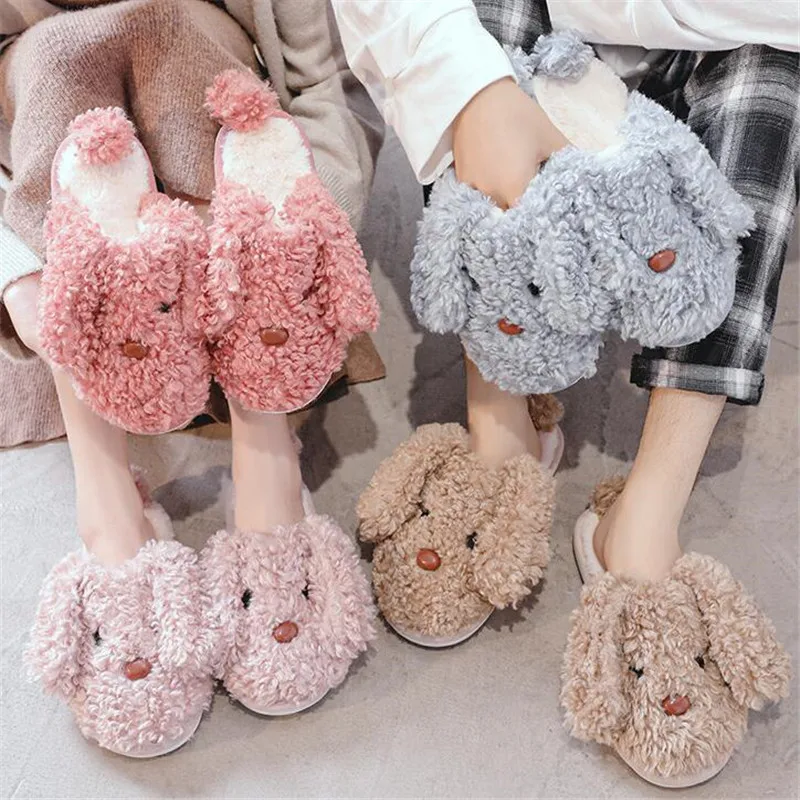 

Winter Cute Couple Slippers Faux Fur Fashionthick Plush Warm Slip On Flats Female Cozy Home Furry Slippers Men's Cotton Drag