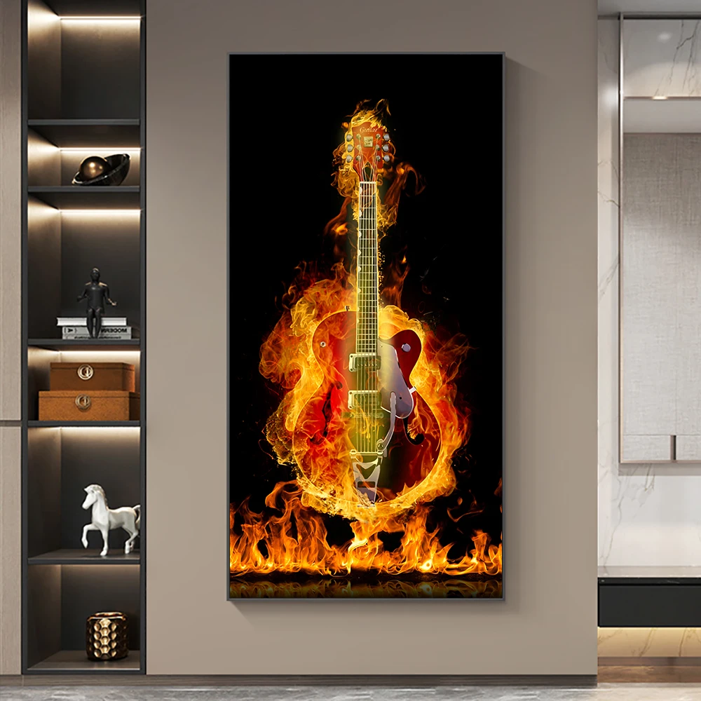 

Canvas Painting Modern Musical Instruments Fire Burning Electric Guitar Poster Wall Art Prints Living Room Decoration Pictures