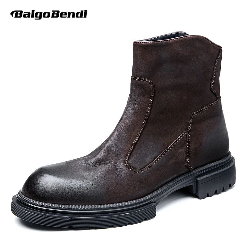 

Classical Men's Zipper Mid-calf Full Grain Leather Retro Boots Man Casual Winter Shoes US Size