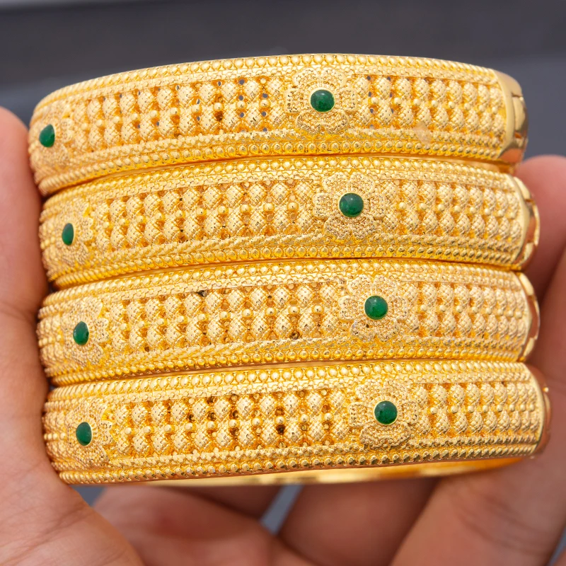 4pcs/set Ethiopia Gold Color Bangles For Women Girls Jewelry Green  Bracelet bangle charms wedding party gift