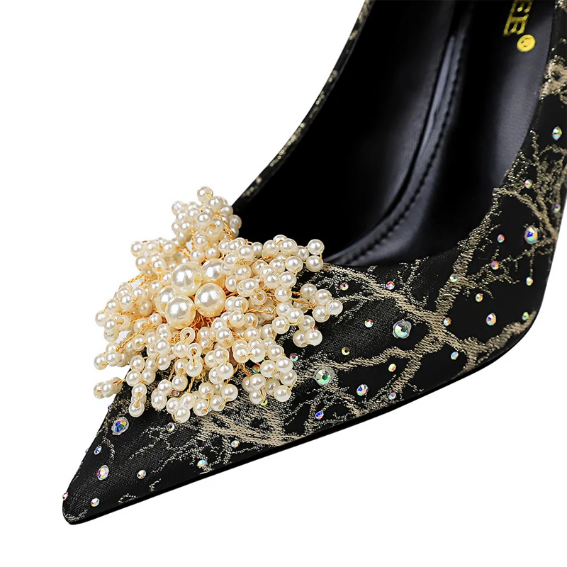 BIGTREE Shoes Pearl Flowers Woman Pumps Rhinestone High Heels 2023 New Luxurious Women Heels Stiletto Large Size Ladies Pumps