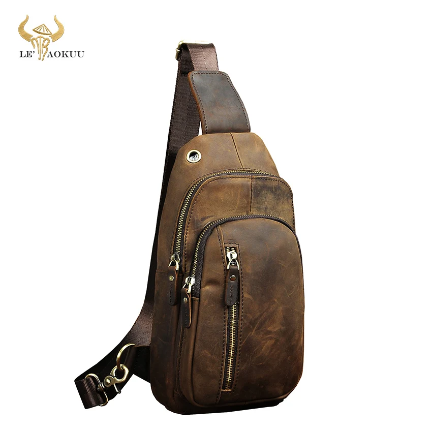 Men Original Leather Casual Fashion Chest Sling Bag Brown Design Travel Triangle One Shoulder Cross body Bag Daypack Male 8005-d