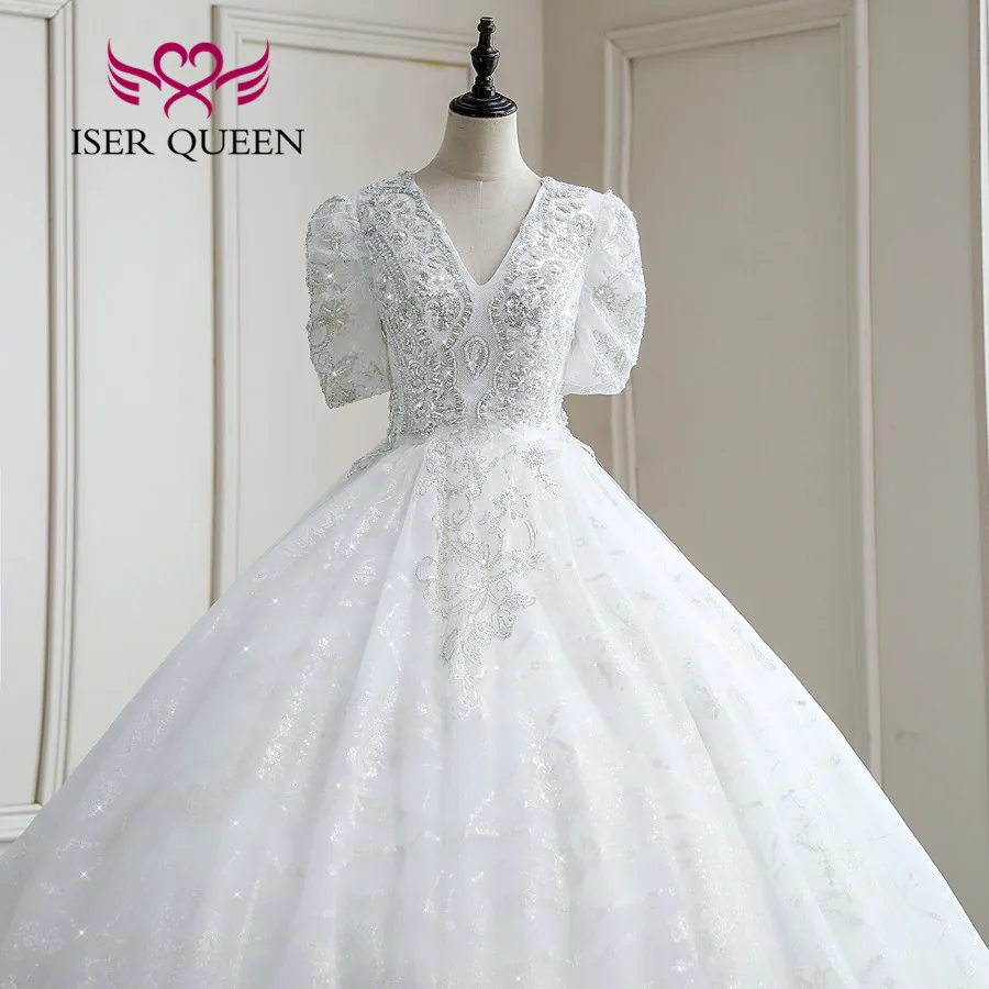 カスタムレースのボールガウン,半袖,Vネック,パール,ウェディングドレス,ファッション,ラージサイズ,wx0280