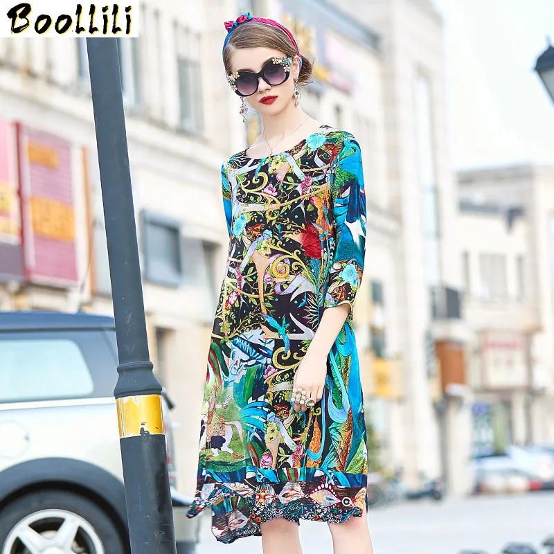 

Dress Boollili Summer Women Real Silk Dress Korean Print Midi Beach Dress Elegant Vintage Party Dress Woman Vestidos Mujer