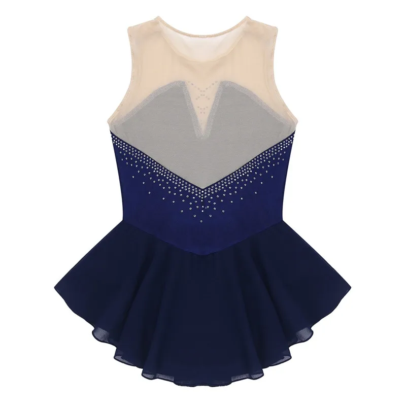 Children's Figure Skating Dress Kids Dancewear Mesh Splice Sparkly Rhinestone Gymnastics Leotard Ballet Dress Dance Costume