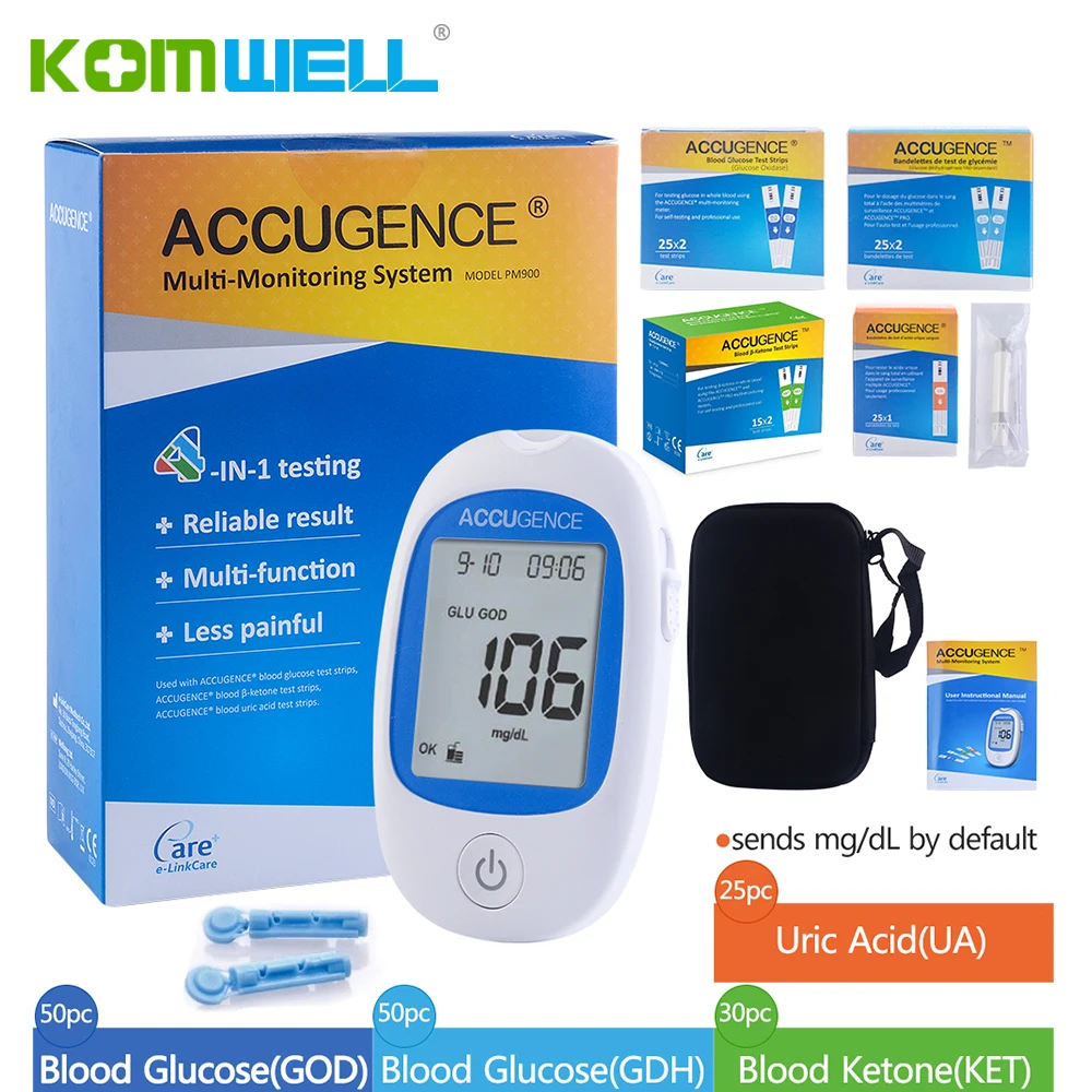 Fast 4in1 Home Medical Multifunction Blood Ketone Uric Acid Blood Glucose Meter GOD&GDH Diabetes Gout Test Strips Glucometer kit