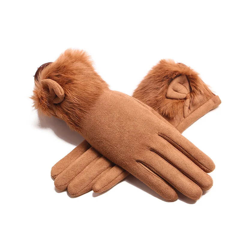 Guanti da polso invernali in pelle scamosciata con fiocco in pelle scamosciata da donna spessi più guanti da guida con touchscreen caldo antivento in peluche J22