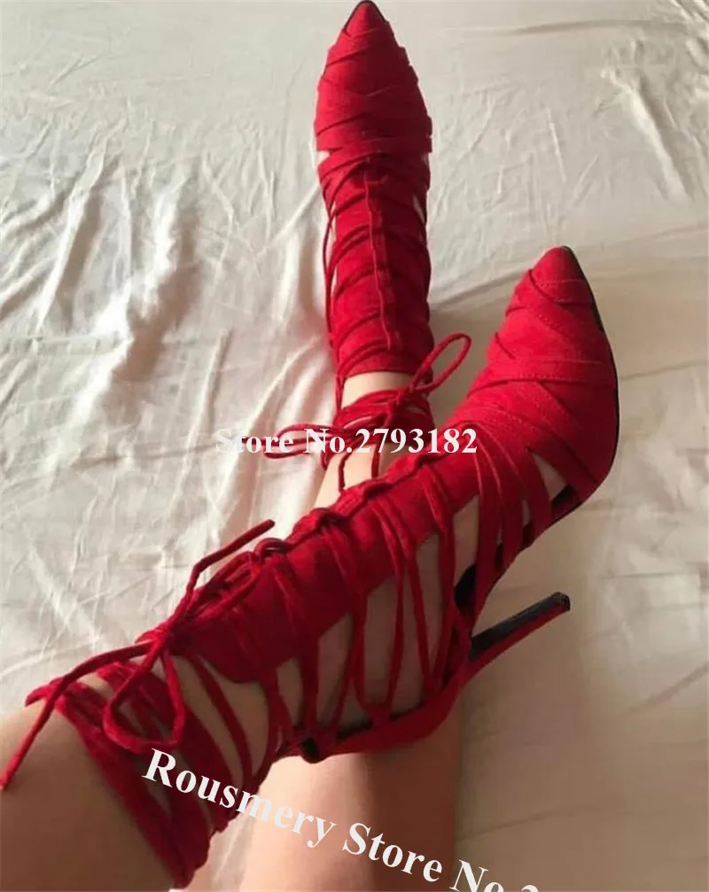 New Fashion Women Pointed Toe Straps Cross Stiletto Heel Gladiator Pumps White Red Black Suede Leather Lace-up Cut-out HIgh Heel