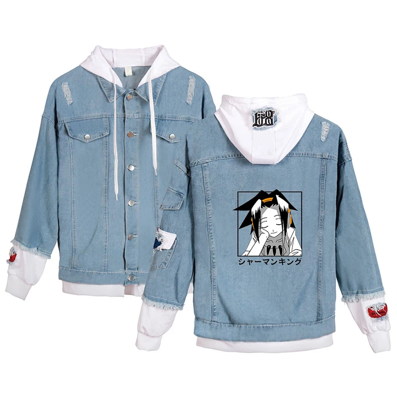 

Japan Anime Shaman King Cool Denim Jacket Men Women Long Sleeve Fake Two Pieces Jean-Jackets Harajuku Hoodies Streetwear Clothes