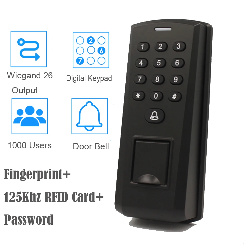 

2,000 Fingerprint Access Controller Reader Wiegand 26 125khz RFID ID Card Reader 1,000 Users Password Door Opener with Doorbell