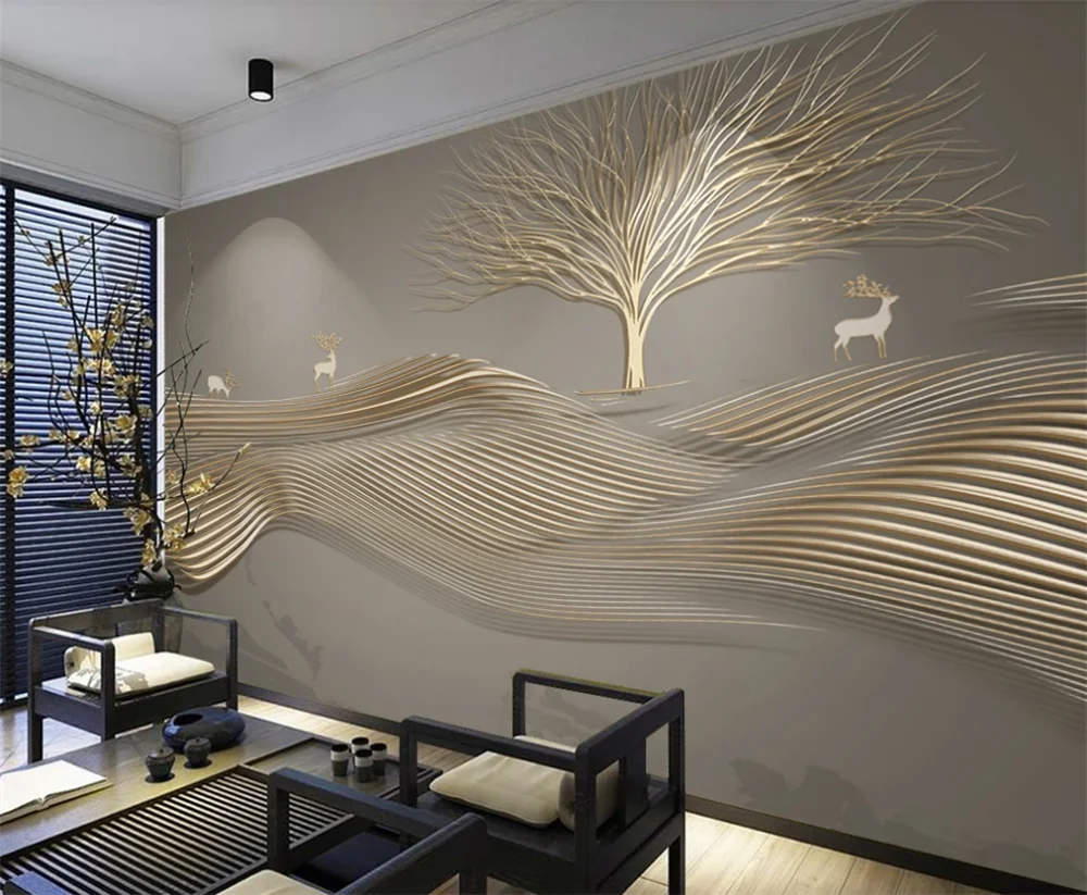 Milofi Customized 3D large wallpaper mural creative tree abstract line elk golden embossed line background wall