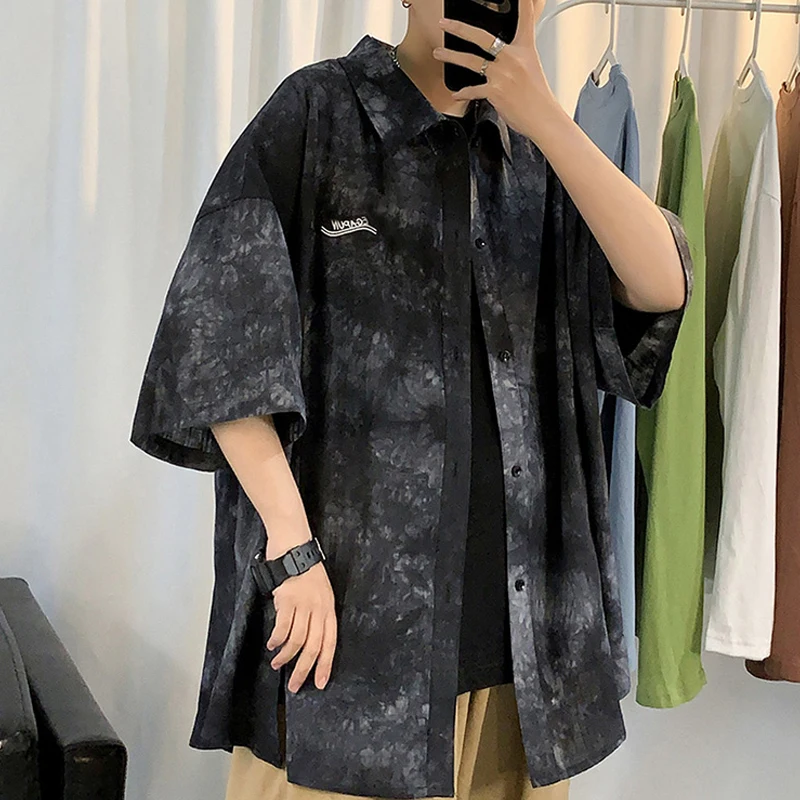 Summer 2021 new shirt men's short sleeve Korean casual loose jacket trend tie dyed shirt handsome thin shirts рубашка мужская