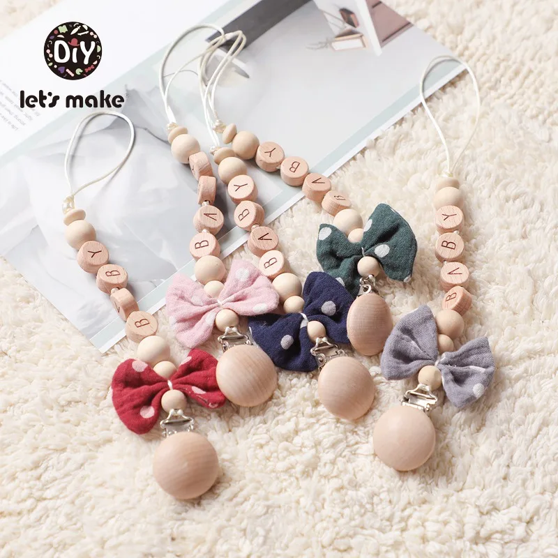 

Let's Make 1PC Baby Pacifier Chain Cotton Bow Pacifier Clips Wood Nipple Holder Personalized Alphabet Beads Baby Teething Chain