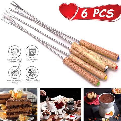 6Pc 스테인레스 스틸 퐁듀 포크 나무 손잡이 초콜릿 포크 내열성 냄비 과일 디저트 포크 퐁듀 꼬치 주방 도구