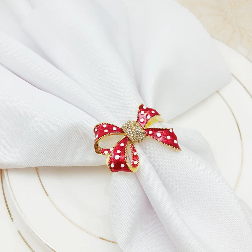 10pcs/lot Christmas red bow napkin ring diamond napkin buckle holiday party desktop napkin ring decoration