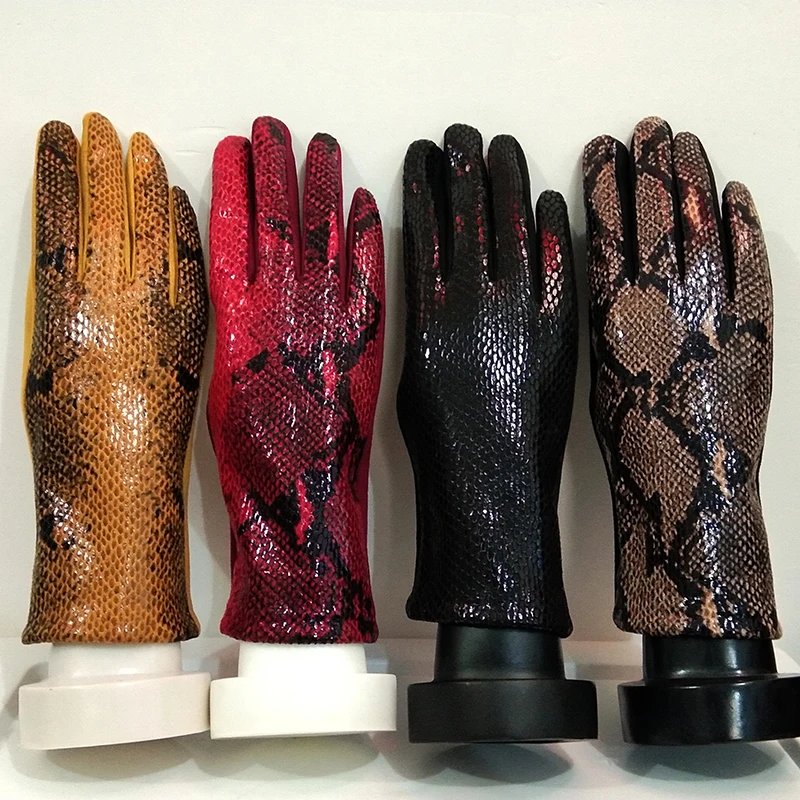 Women Touch Screen Gloves Winter Faux Animal Leather Snakeskin Pattern Driving glove Suede Velvet Thicken Warm Leopard Glove H87