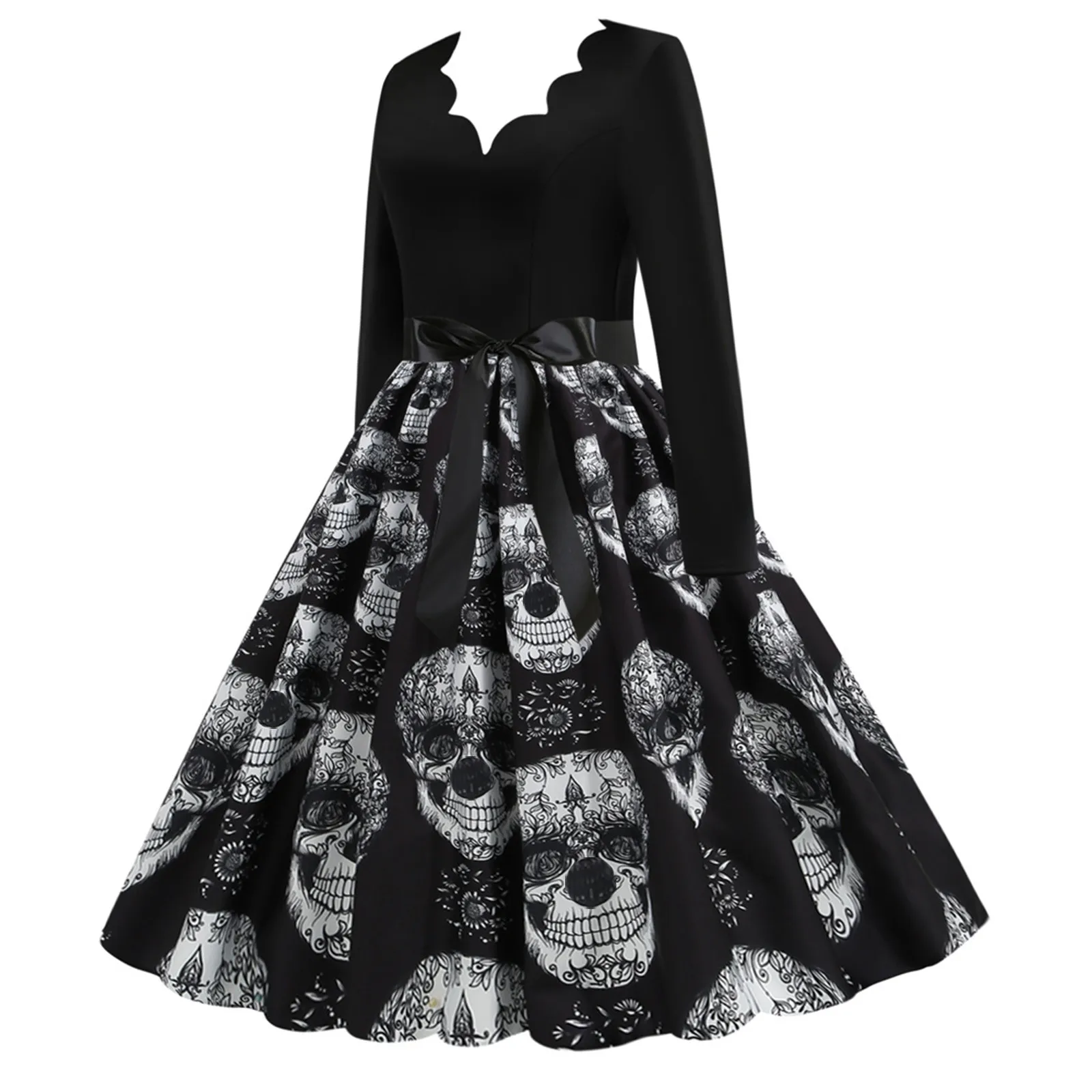 Gothic Skull Print Halloween Jurken Grote Maat Vintage Lange Mouwen Halloween 1950S Huisvrouw Avond Party Prom Dress