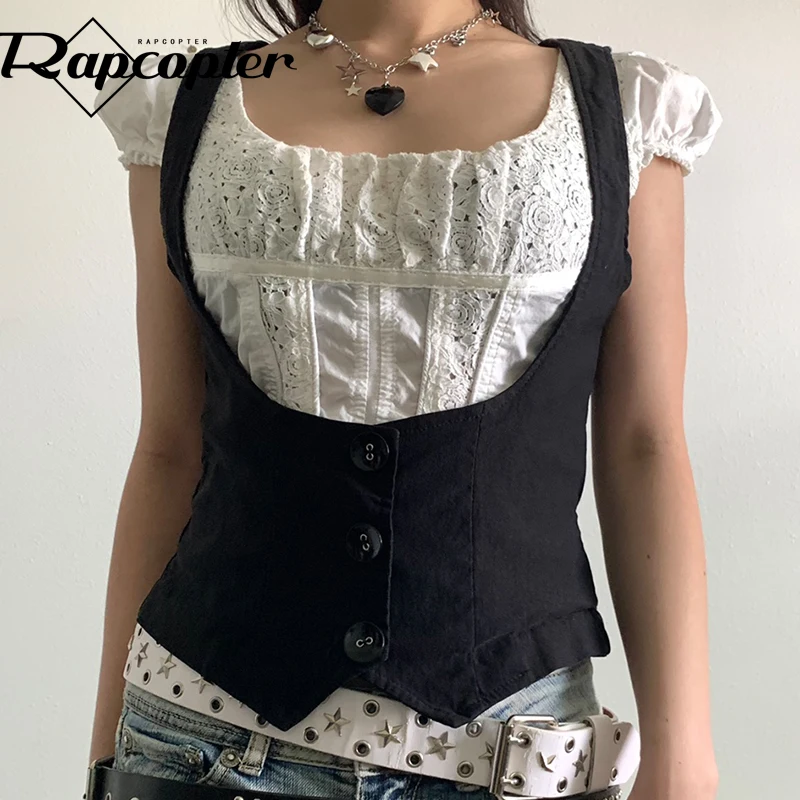 Rapcopter y2k Button Corset Top Black Skinny Breasted Tops Backless Vintage Kawaii Sweats Mini Vest Women Aesthetic Punk Tanks