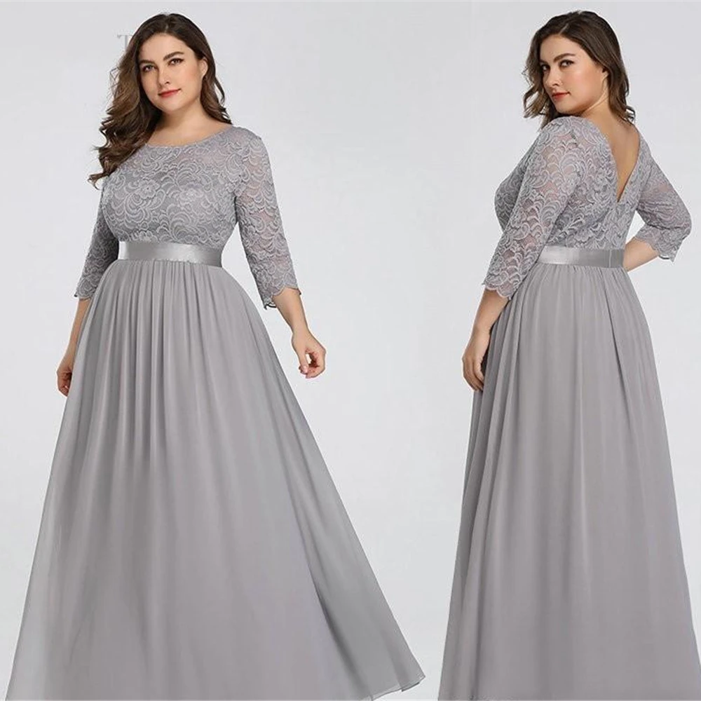 

Plus Size Lace Formal Dresses Long Sleeve A Line Scoop Evening Dress Floor-Length Prom Party Gown Chiffon Backless Custom New