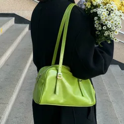 PU Fashion Green Leather Women Shoulder Bags Simple Design Solid Color Ladies Tote Handbags Vintage Black Female Underarm Bag