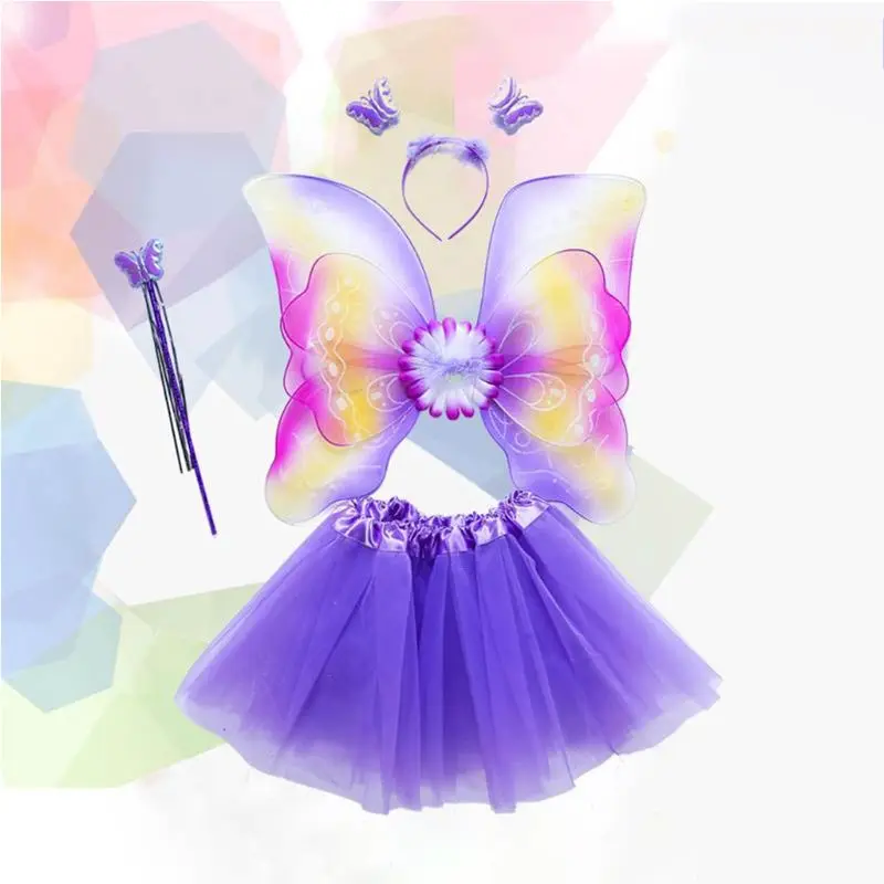 4Pcs Girls Fairy Costume Set Rainbow Butterfly Wings Three Layers Tulle Tutu Skirt Wand Headband Princess Halloween Party 3-8T image 2