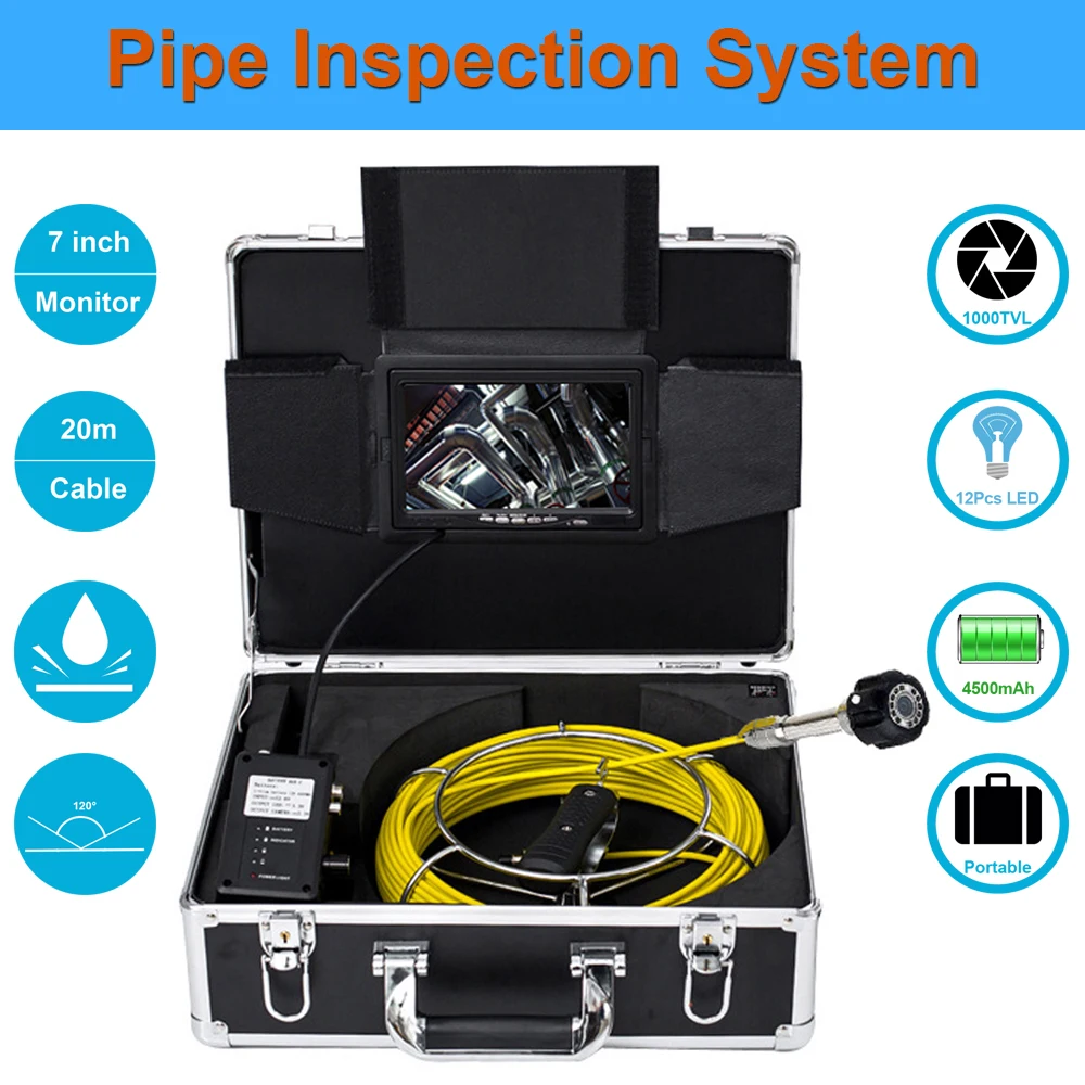 

23mm Lens Waterproof Industrial Camera 20-50m Fiberglass Cable 7inch LCD Display Drain Sewer Pipe Inspection Endoscope System