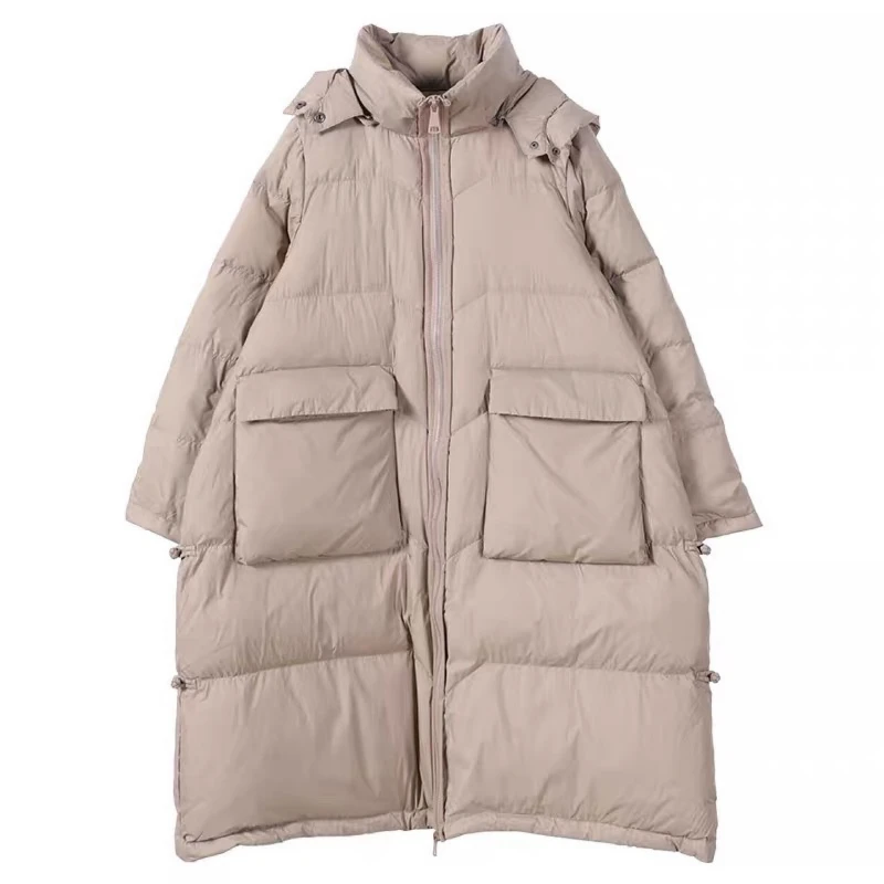 2021 new women\'s casual big hem solid color oversized coat pocket stand collar duck down jacket with detachable hat puffer coat