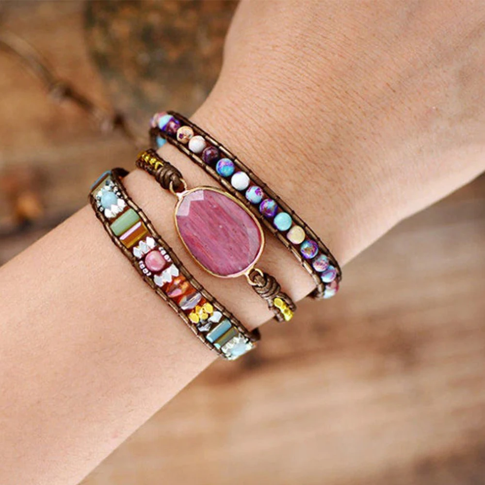 

3Layers Black Leather Woven Wrap Bracelet Natural Emperor Stone Crystal Big Rhodochrosite Charm Bracelets Vintage Femme Jewelry