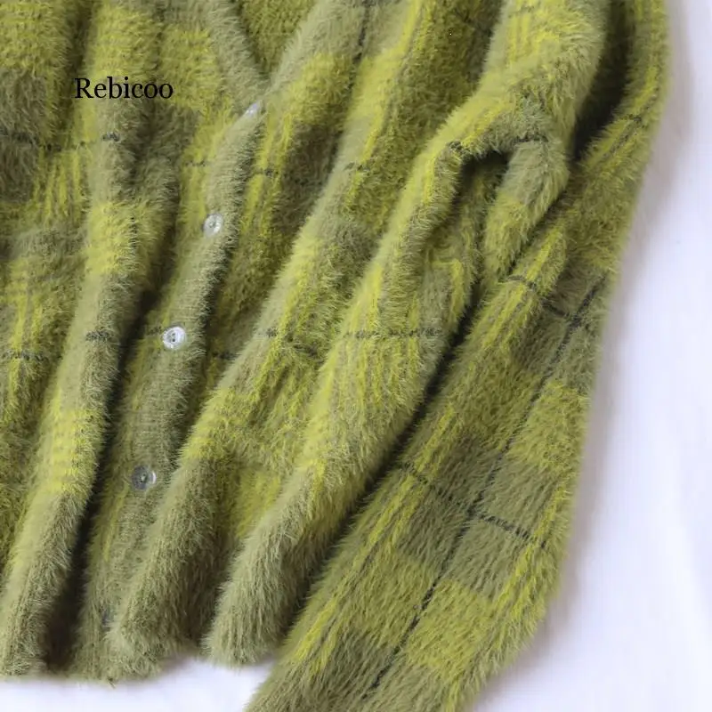 New Vintage Plaid Green Plush Knitted Cardigans V-Neck Loose Sweaters Autumn Winter Clothes Sweater Women