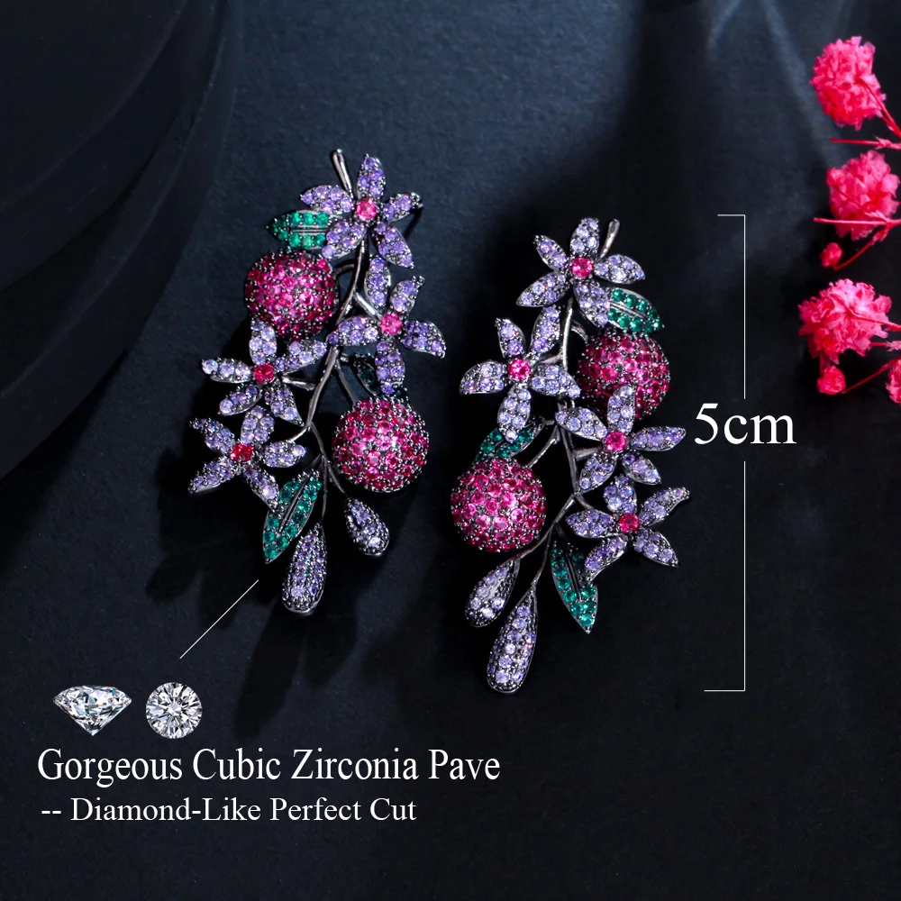 CWWZircons Noble Luxury Multicolor Purple Red Cubic Zirconia Long Drop Leaf Earrings for Women Party Costume Jewelry CZ978