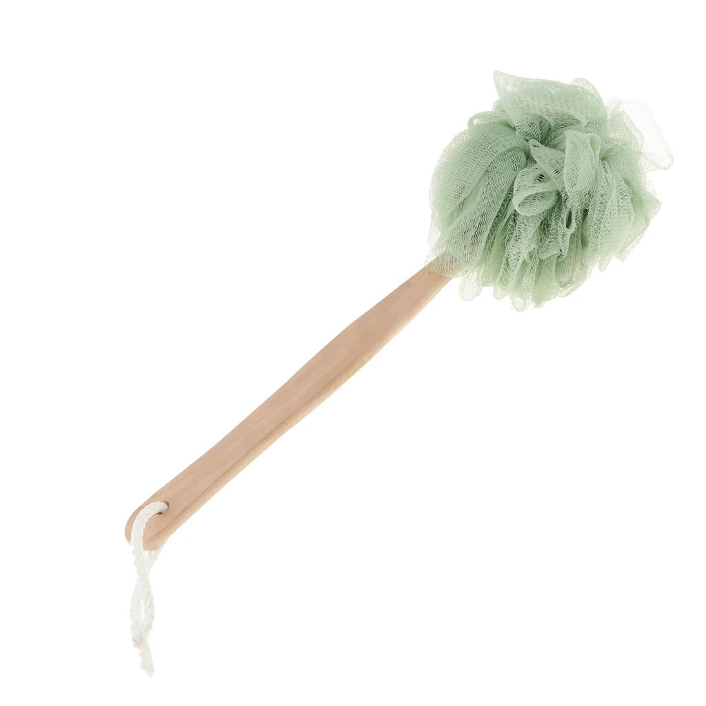 Long Handle Mesh Pouf Bath Sponge, Shower Body & Back Scrubber on a Stick with a Wood Handle for Men & Women, Easy to Reach