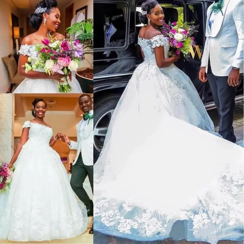 

Lace Wedding Dresses Princess Ballgown Off The Shoulder Appliqued African Plus Size Bridal Gowns Gorgeous Lady Marriage