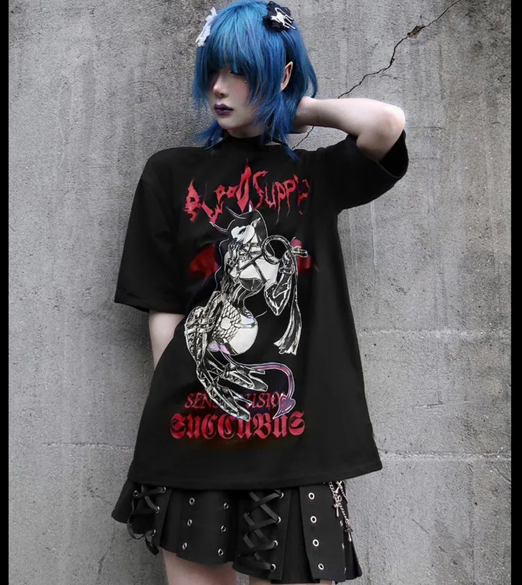 Gothic Punk Short Sleeve Tshirt Summer Women Couples Anime Print Original Design Black Tee Tops Female Japanese Loose T shirt