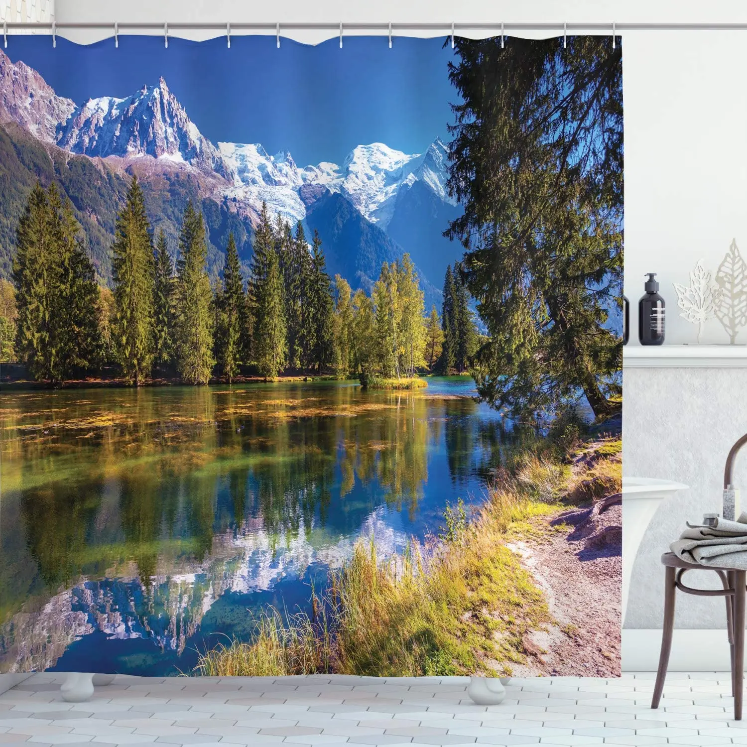 Window Outside Forest Bridge Spring Landscape Creativity Shower Curtain Zen Stone Tree Building Scenery Cloth Curtains With Hook