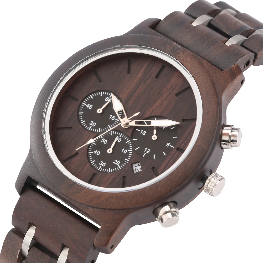 Chronograph Dial Quartz Men Watches Ebony Wood Stainless Steel Bracelet Male Wristwatch Business Auto-date Male Wooden Timepiece