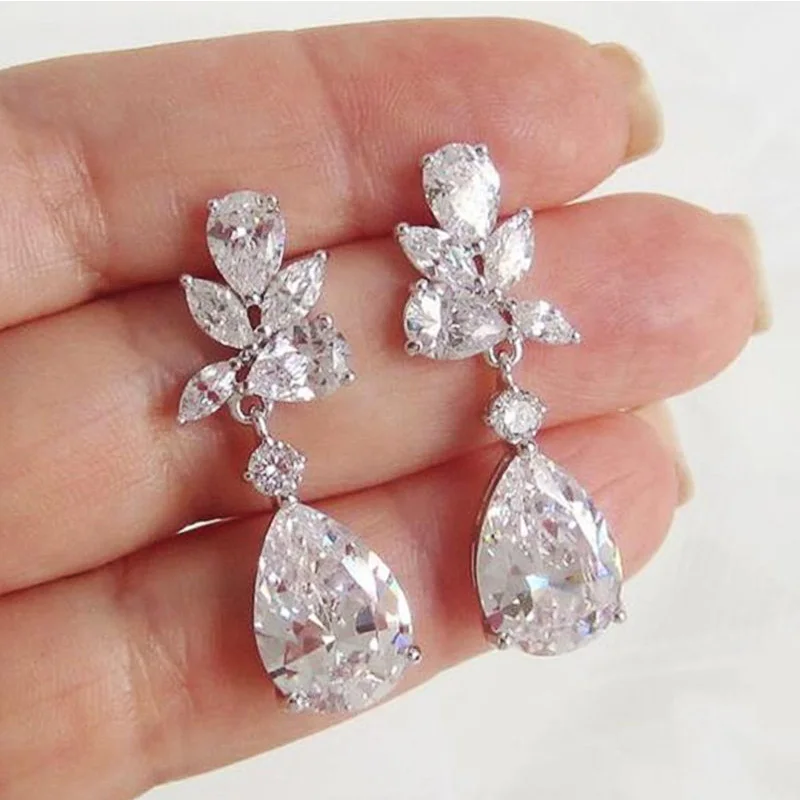 Huitan Transparent Cubic Zirconia Dangle Earrings Women for Engagement Wedding Graceful Lady's Earrings Party Fashion Jewelry