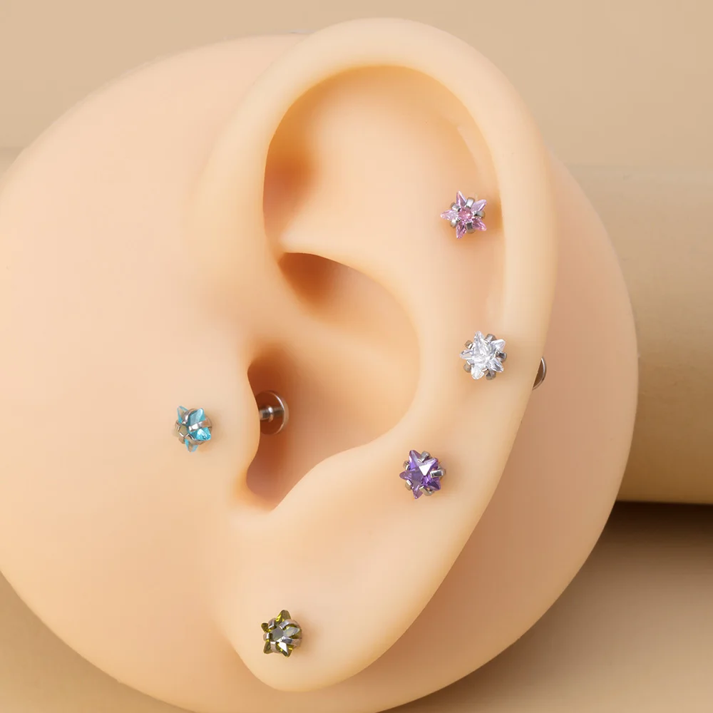 5PCS Star Heart Round Zircon Monroe Lip Rings Stud Women Surgical Steel Helix Tragus Earring Labret Studs Piercing Jewelry 16G