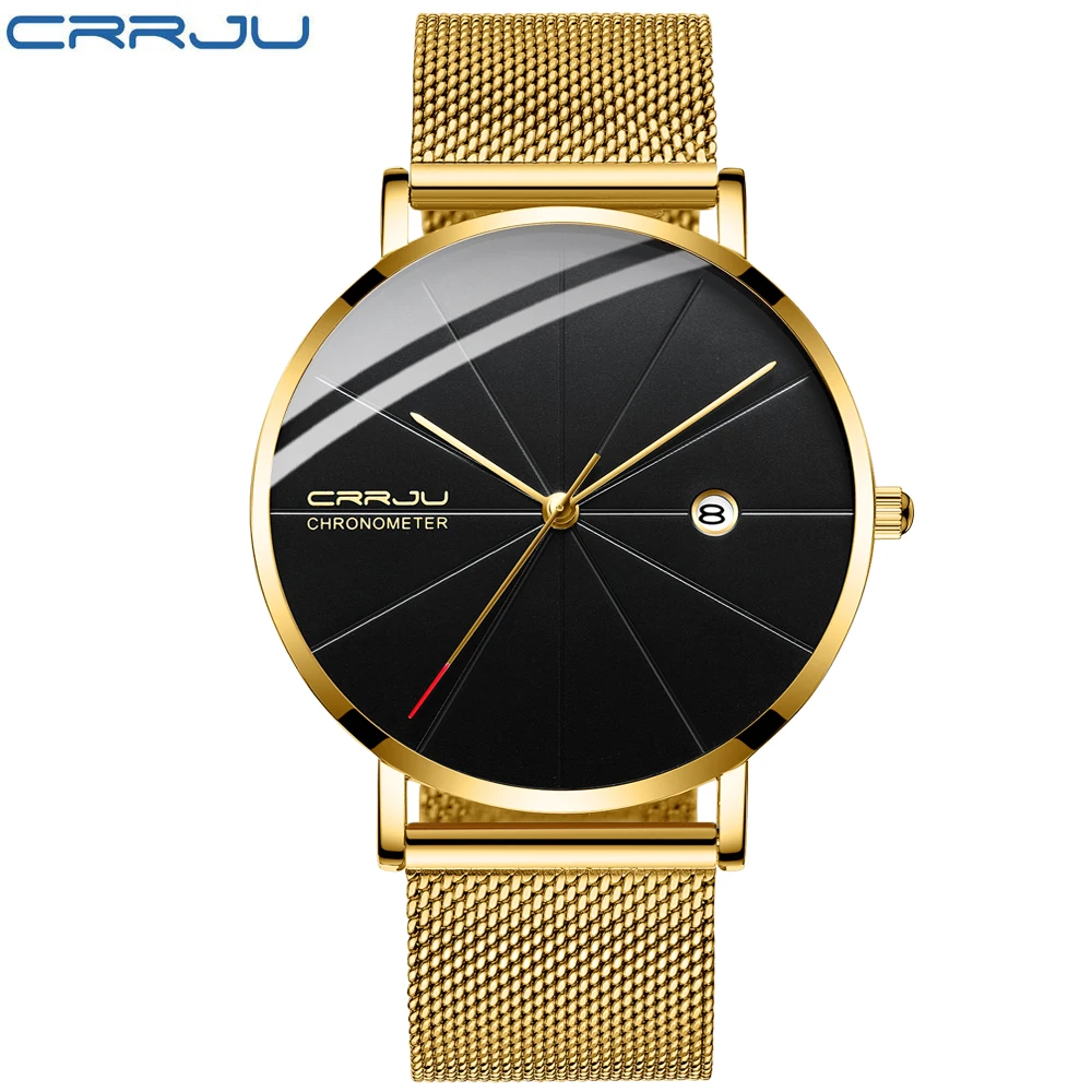 CRRJU Gold Männer Uhr Top Marke Luxus Datum Business Armbanduhr Mesh Stahl Wasserdicht Quarz Uhr für Männer Relogio Masculino