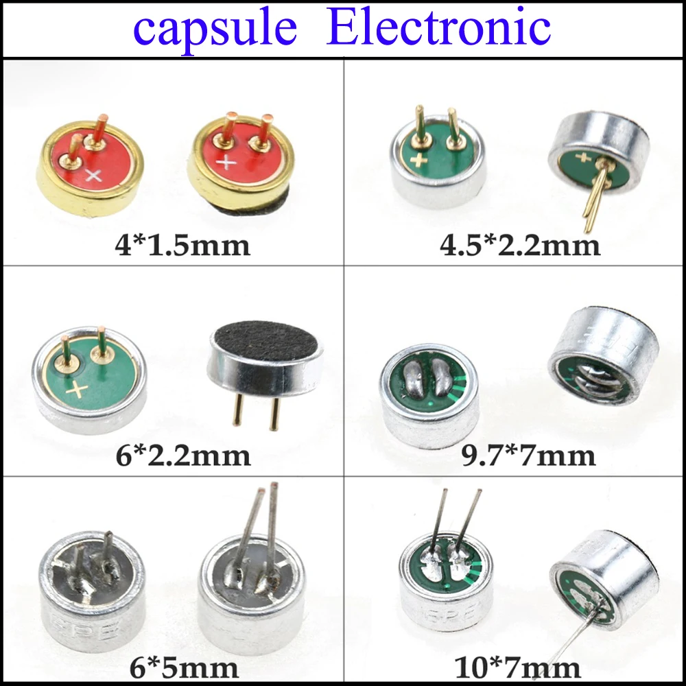 YuXi – Microphone à condensateur électrique, 4x1.5mm /4.5x2.2 MM/6x2.2mm/9.7x7mm /6x5mm/10x7mm avec câbles à 2 broches