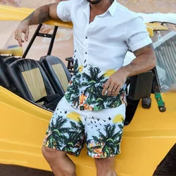 2026 Summer Men Beach Sets Streetwear Short Sleeve Lapel Shirt Printed Shorts Breathable Casual Men Hawaiian Suits 2 Pieces