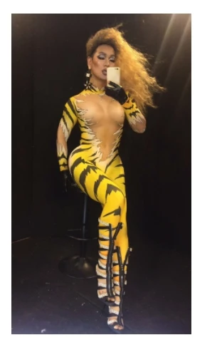 

Yellow leotard Elastic jumpsuit Female Nightclub Pole dance DJ performance costume Tiger printing slim bodysuit stage show wears