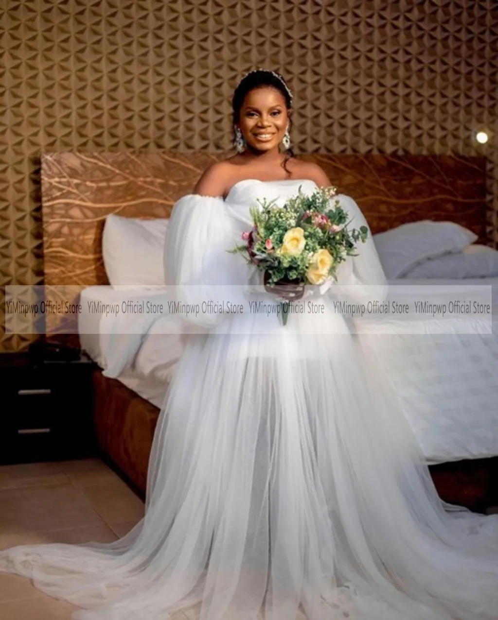 YiMinpwp African White Wedding Gown Bride Robes Off Shoulder Long Puff Sleeve A Line Illusion Bodice Tulle Bridal Shower Dresses