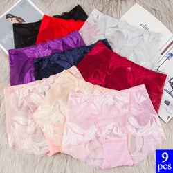 9PCS Women's underwear Ladies high waist sexy big size panties transparent hollow cotton  lace comfortable carry buttock briefs