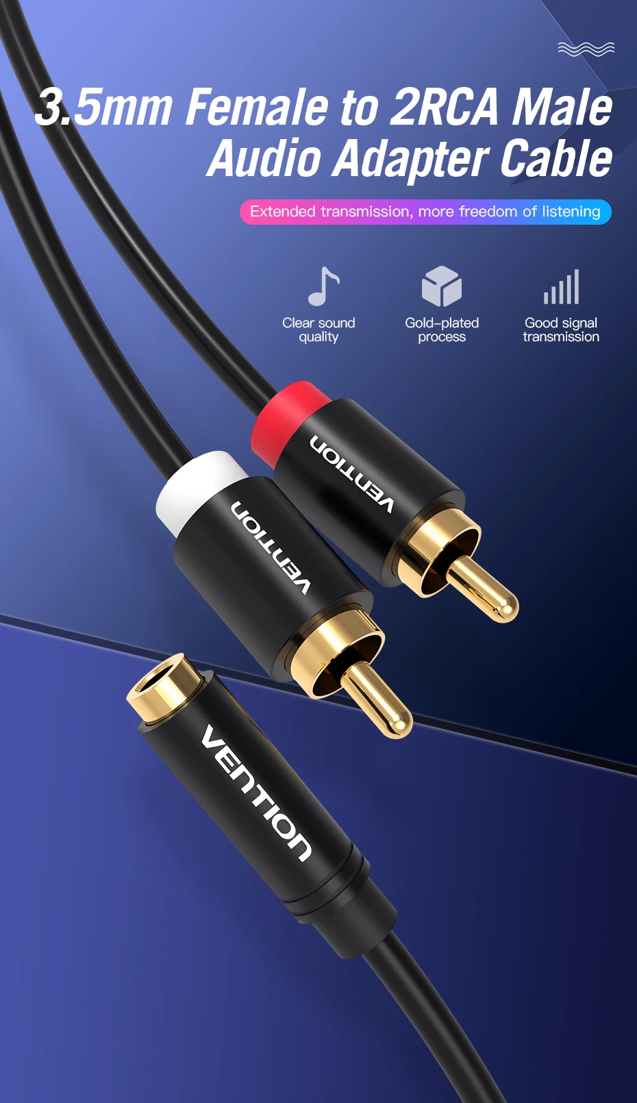 Vention Jack 3,5 mm auf 2 Cinch-Kabel Buchse auf Stecker Audiokabel Aux-Splitter für Verstärker TV Heimkino 3,5 Jack Aux-Kabel RCA – Detail 4