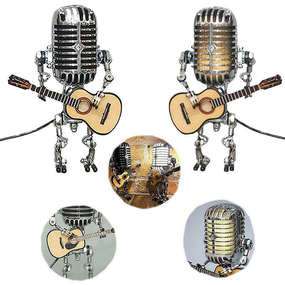 Microfono lampada Robot microfono in metallo Vintage Robot Touch Dimmer lampada da tavolo lampada per chitarra a LED lampada da scrivania a luce solare per Robot