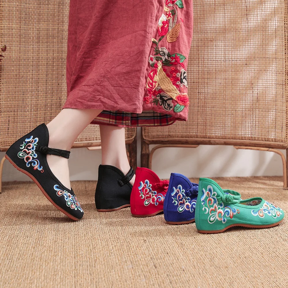 Veowalk Vintage Embroidery Women Cotton Mary Jane Flat Shoes Comfortable Ladies Walking Ballerinas Large Size 10 11 Black Blue