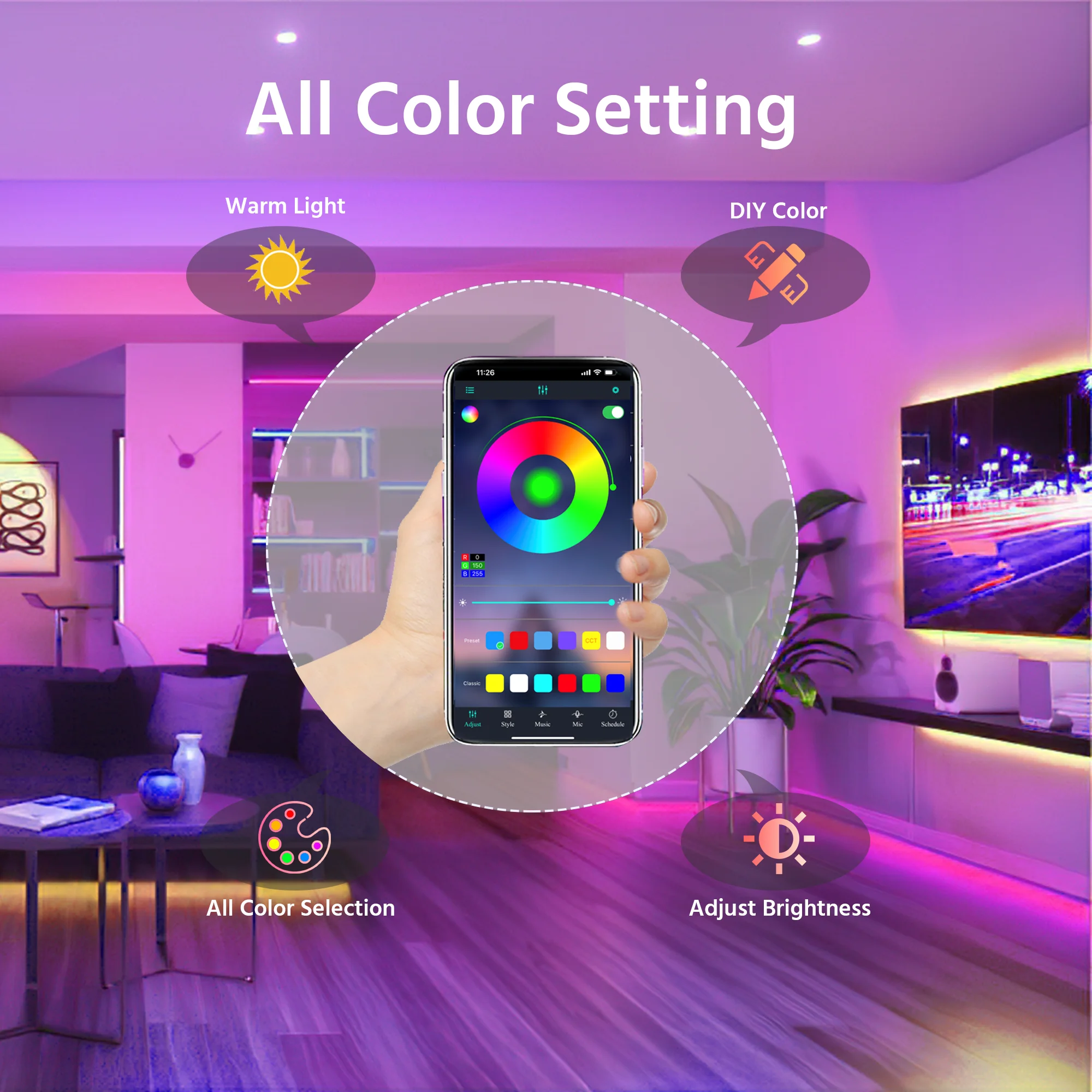 Luzes LED Strip para decoração do quarto, Music Sync Festoon, Luz LED com microfone dentro, Alexa, Google Voice Control, 5m