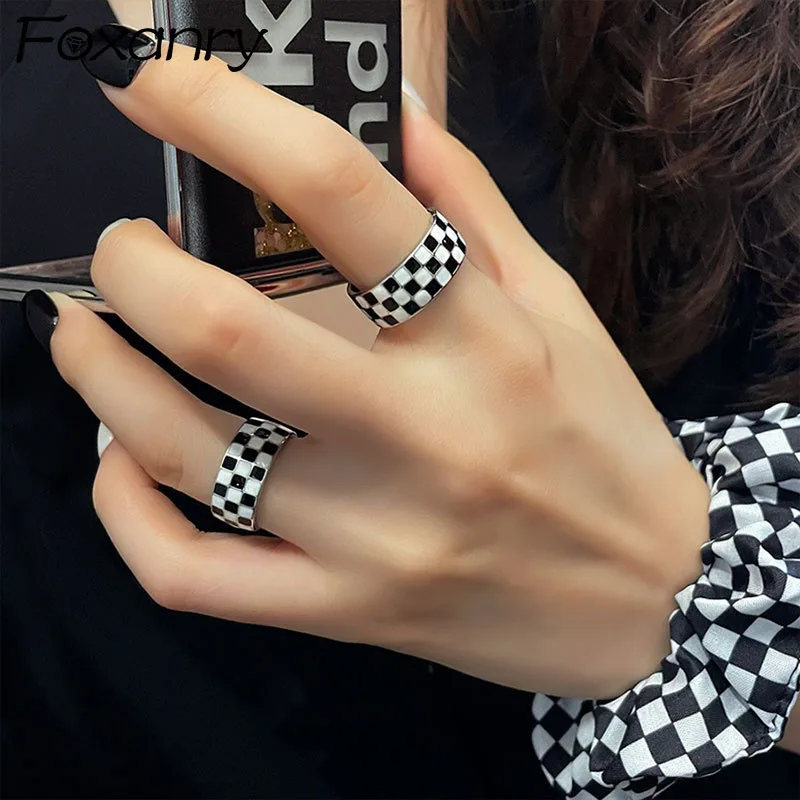 FOXANRY Silver Color Rings INS Fashion Hip Hop Vintage Couples Unique Black and White Grid Pattern Design Party Jewelry