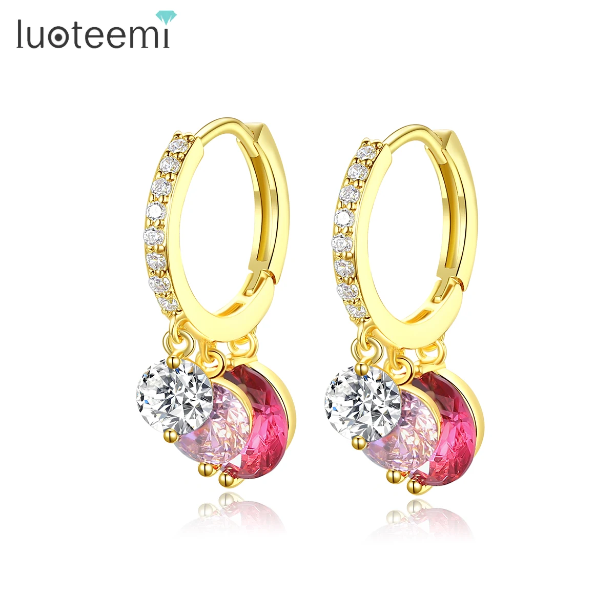 

LOUTEEMI Hoop Drop Earrings Three Colors Pink CZ Stone Circel Round Earring for Women Red Stone Cubic Zircon Jewelry Friend Gift