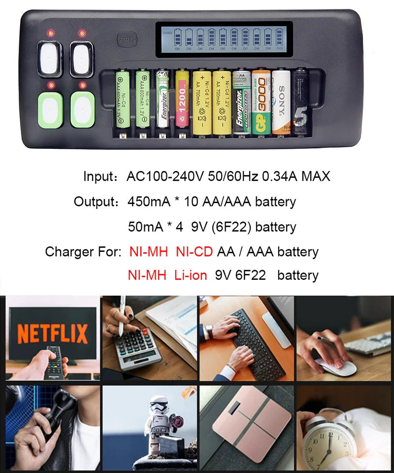 14 Slot 1.2V LED Display Smart Battery Charger For AA AAA 9V Rechargeable Batteries and Ni-Cd LI-ION NI-MH Battery Charger